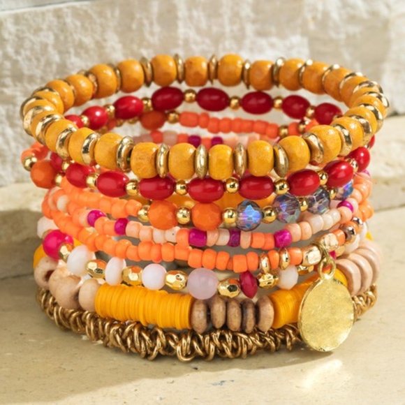 Mango Tango Boho Multi Stacked Mixed Bead Beaded Stretch Bracelet - Picture 3 of 5